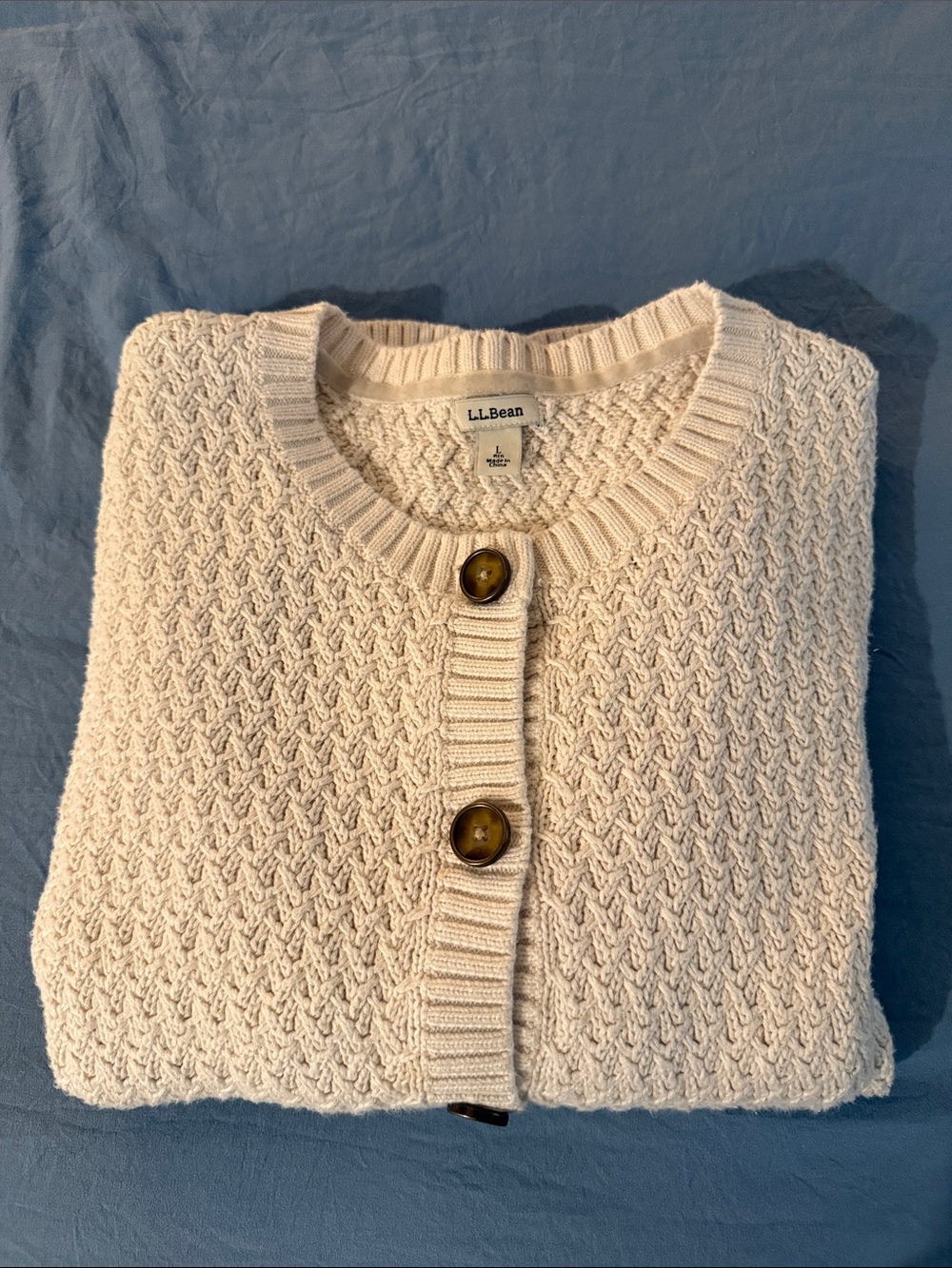 L.L. Bean Cream Cable-Knit Button Cardigan with Brown Buttons